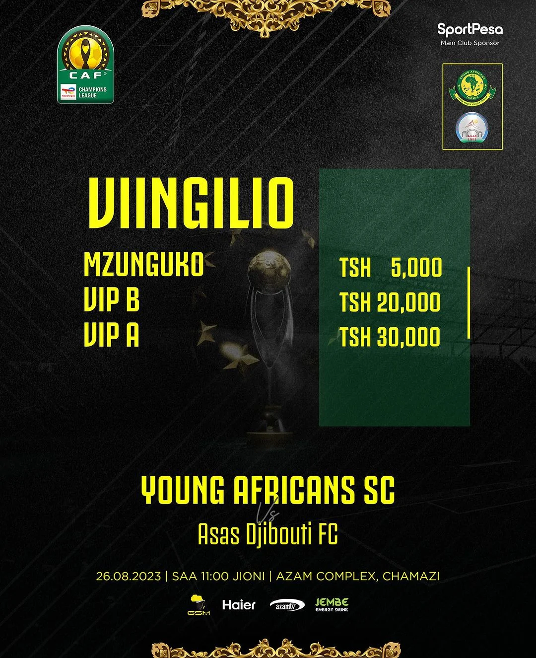 Viingilio Yanga Vs Asas Fc CAF Confederation Cup Leo Tarehe 26 August 2023