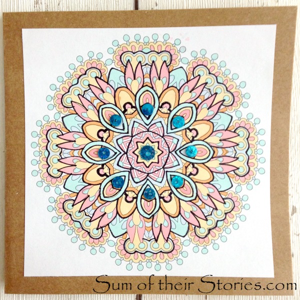 card made using completed colouring pages