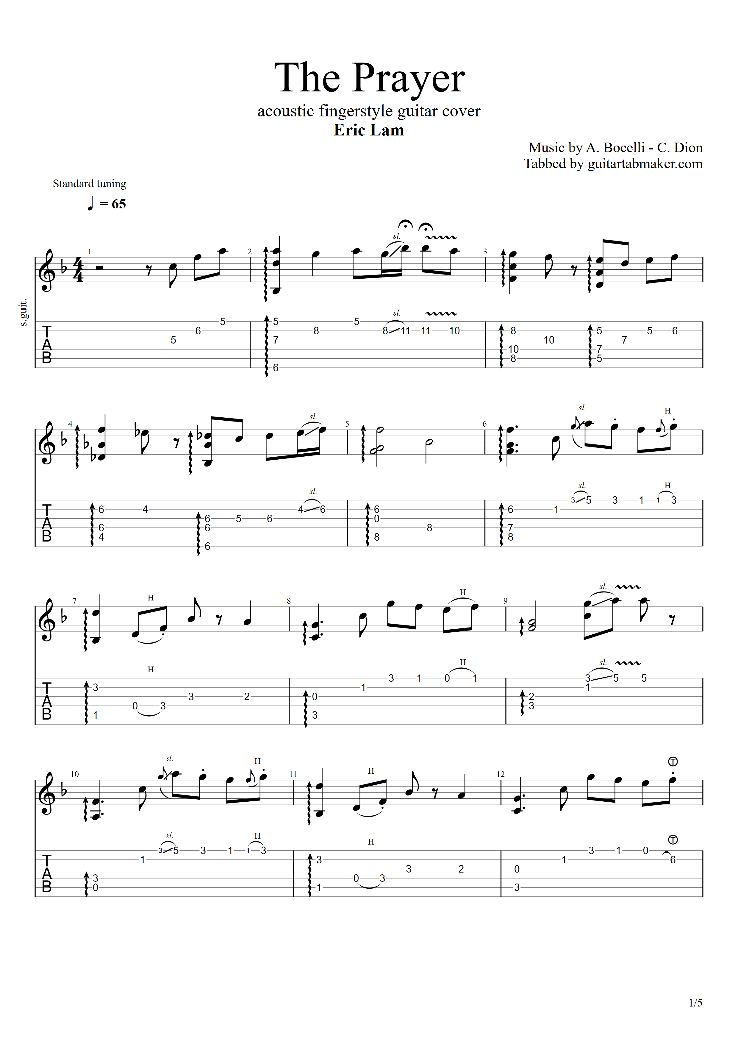 Andrea Bocelli - The Prayer fingerstyle guitar TAB