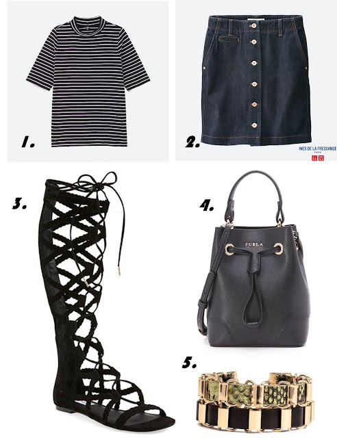 Uniqlo Stripe Tee Uniqlo Denim Skirt Steve Madden Gladiator Sandal Furla Bucket Bag H&M Bracelet