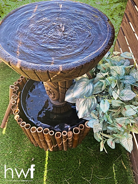 summer,tiki style,coastal style,garden style,tropical style,re-purposed,DIY,diy decorating,decorating,outdoors,outdoor fountain,fountain,tiki fountain,birdbath fountain,tutorial