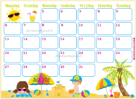 kalender voor kinderen, aftel kalender, vakantie kalender, juli kalender, verjaardag kalender, zomer kalender