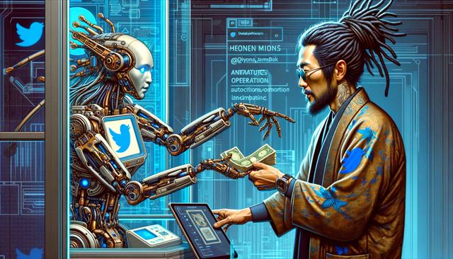 A horizontal piece blending technical and concept art in a futuristic setting. This detailed, realistic image shows a Japanese man with dreadlocks receiving money from a robot designed for automating Twitter operations. The style should emphasize the intricate interaction between humans and robots. The scene is set in a high-tech environment, capturing the essence of a futuristic world where technology and humanity intersect. The background should be rich in technical details, adding depth and context to this interaction between man and machine.