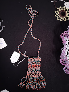 Tatted bag with beaded and tatted fringe, long tatted strap