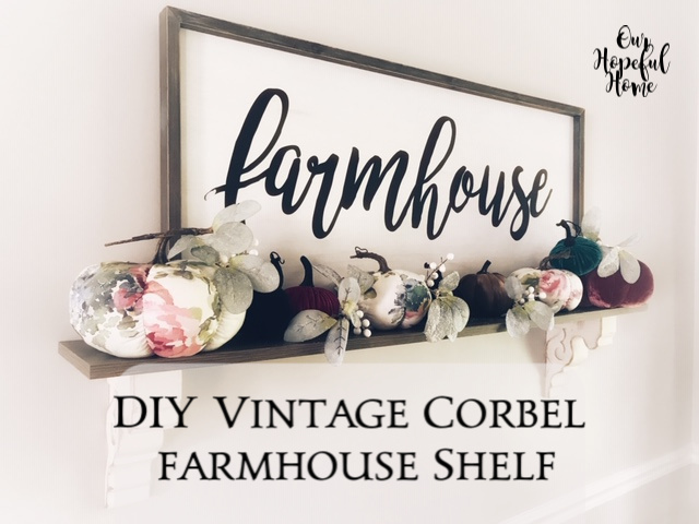 DIY farmhouse corbel shelf with floral and jewel tone velvet pumpkins