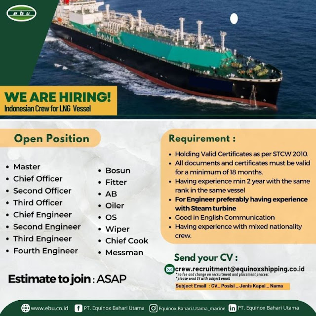 Job Vacancy Pelaut Equinox Bahari Utama Kapal Indonesia April 2024