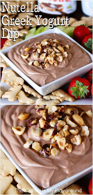 Nutella Greek Yogurt Dip ~ Just 3 ingredients, super easy to make, & delicious! Perfect for snacking with strawberries, banana slices, other fresh fruits, 'Nilla Wafers, or animal crackers as dippers.  www.thekitchenismyplayground.com