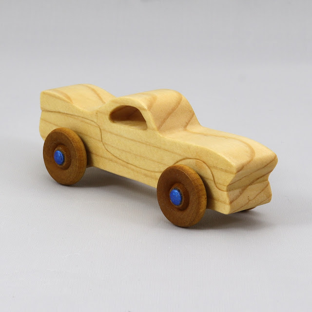 Wood Toy Car, Miniature Pocket Size, Handmade and Finished with a Custom Mineral Oil and Wax Blend and Metallic Saphire Blue Acrylic Paint, Itty Bitty Caddy