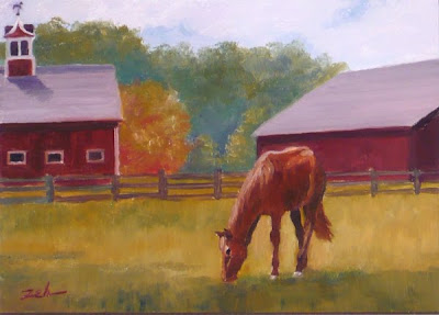 horse and barn oil painting