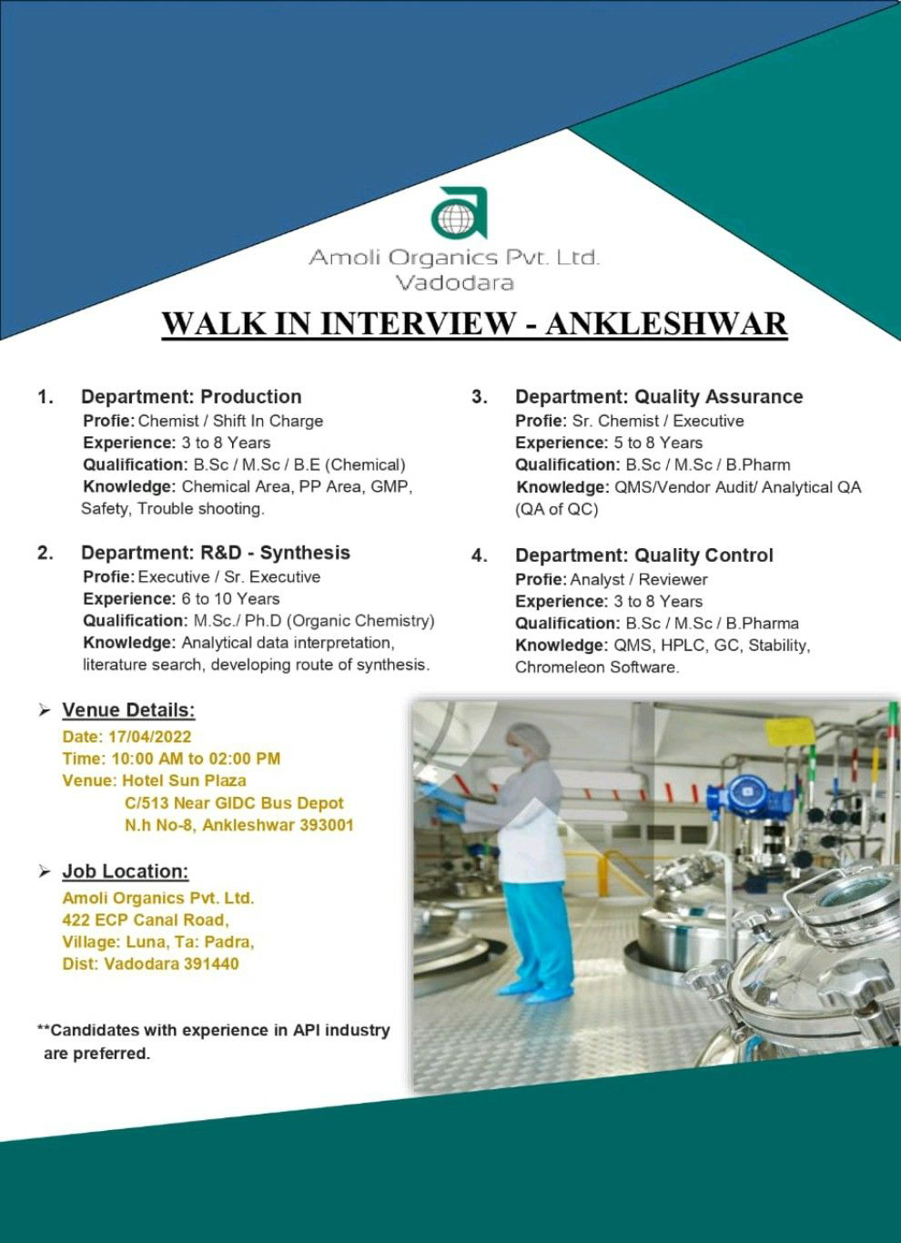 Job Availables,Amoli Organics Pvt  Ltd Walk-In-Interview For BE Chemical/ BSc/ MSc/ B.Pharm/ Ph D Organic Chemistry