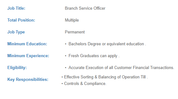 UBL Bank Jobs for Branch Service Officer 2019