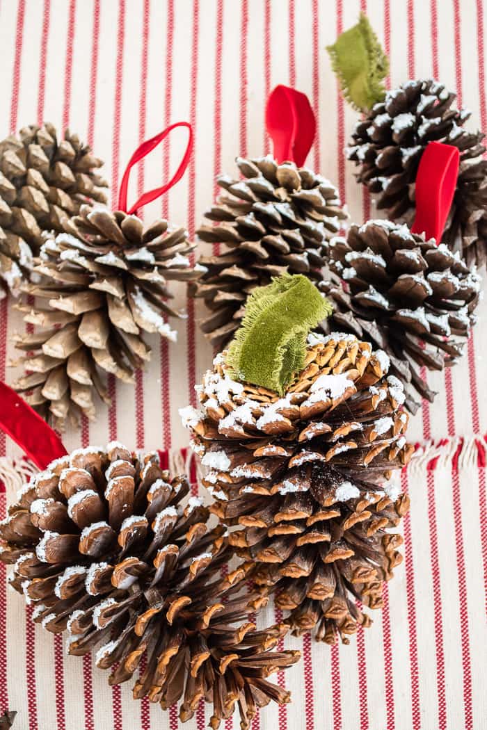 frosted pinecones with velvet hangers