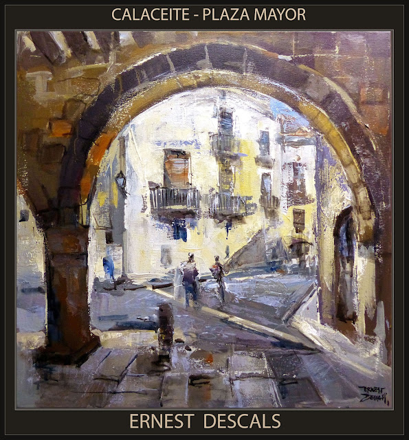 CALACEITE-PINTURA-PLAZA MAYOR-MATARRANYA-PAISATGES-PUEBLOS-TERUEL-PAISAJES-CUADROS-PINTOR-ERNEST DESCALS--