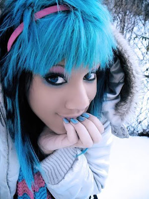 emo girl with black and blue hair. Vivid Blue emo hair with big