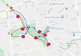 Map of the suggested trail through Windfields Park, Toronto