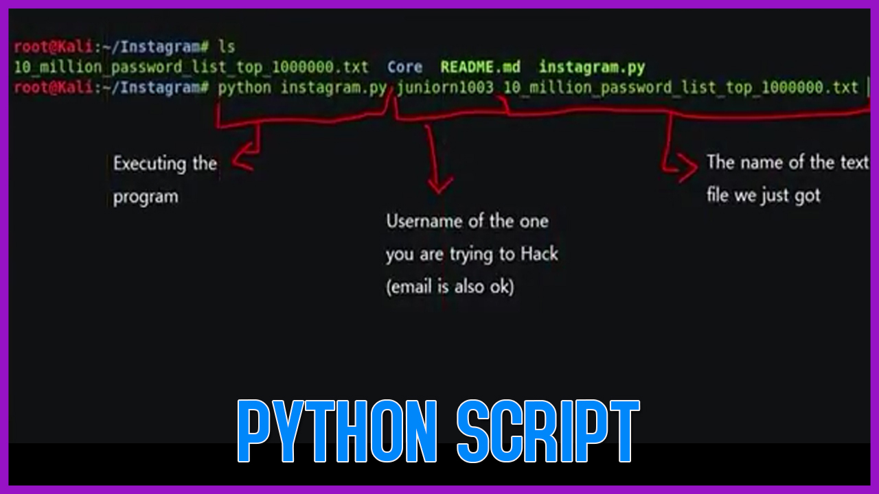 you can see the picture below showing python script - how to hack instagram with python