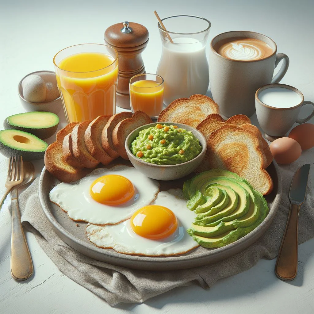 imagen creada con inteligencia artificial de un desayuno de huevos fritos estrellados aguacate pan tostado cafe jugo de naranja leche