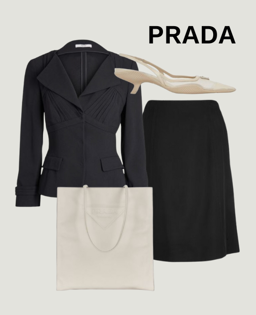 Collage of an outfit made from all preloved Prada pieces. Outfit consists of: Prada tie up blouse, Orada classic A line skirt, Prada embossed logo soft tote bag and Prada slingback kitten heel.