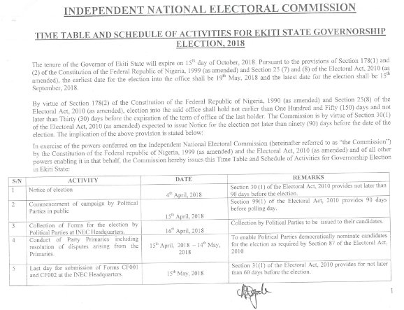 INEC releases timetable for Ekiti State Governorship Election