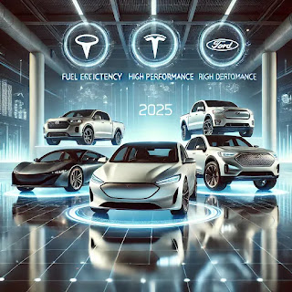 A futuristic digital showcase of the top 5 cars of 2025, featuring high-performance, fuel-efficient, and technologically advanced vehicles