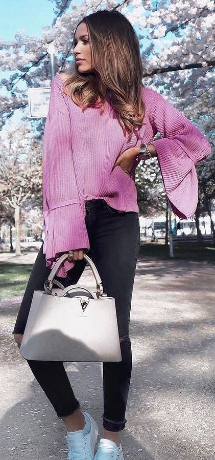 cool ootd: pink top + skinny pants + bag