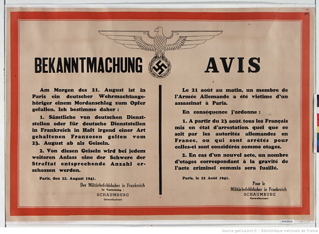 Notice of reprisals for assassination of German solder Alfons Moser, 21 August 1941 worldwartwo.filminspector.com
