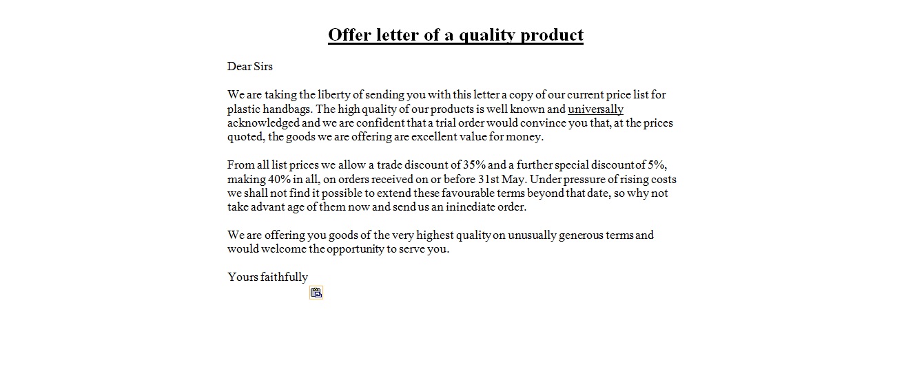 Business Letter Samples : Offer letter of a quality product