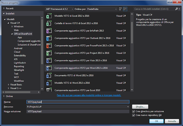 Visual Studio, selezione componente aggiuntivo da creare