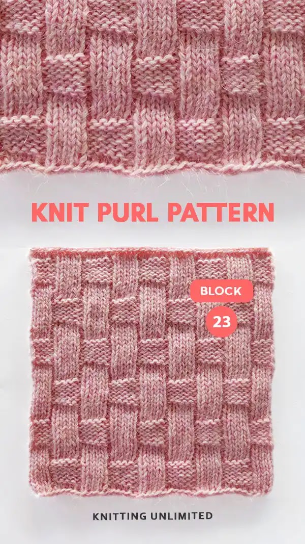 Basketweave Pattern. Knit Purl Square no 23. This stitch pattern creates a fabric that looks like a woven basket, with alternating knit and purl sections.