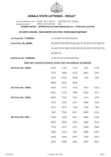 Kerala Lotteries Results 27-04-2021 Sthree Sakthi SS-258 Lottery Result