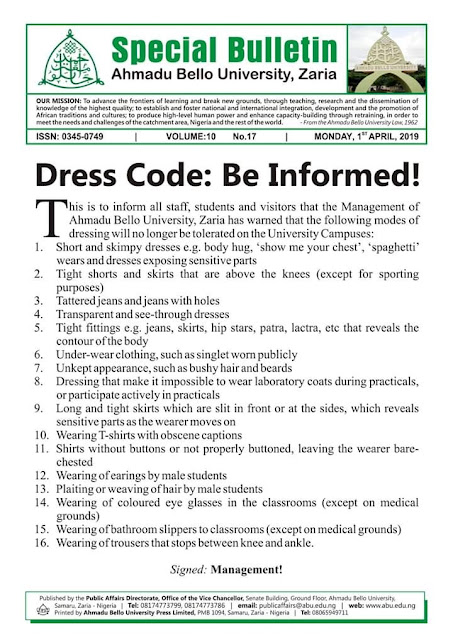 New Dress Code For Ahmadu Bello University (ABU) Zaria