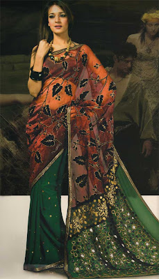 Orange Green Half n Half Embroidery Saree with Beautiful Pallu Design