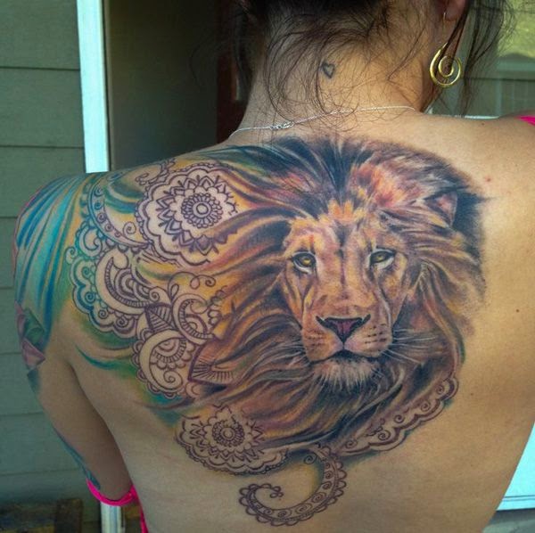 Women Lioness Tattoo For Back, Women Back With Lioness Tattoo, Lioness Tattoo Designs For Women Back, Women With Lioness Tattoo, Women, Animals, Flower,