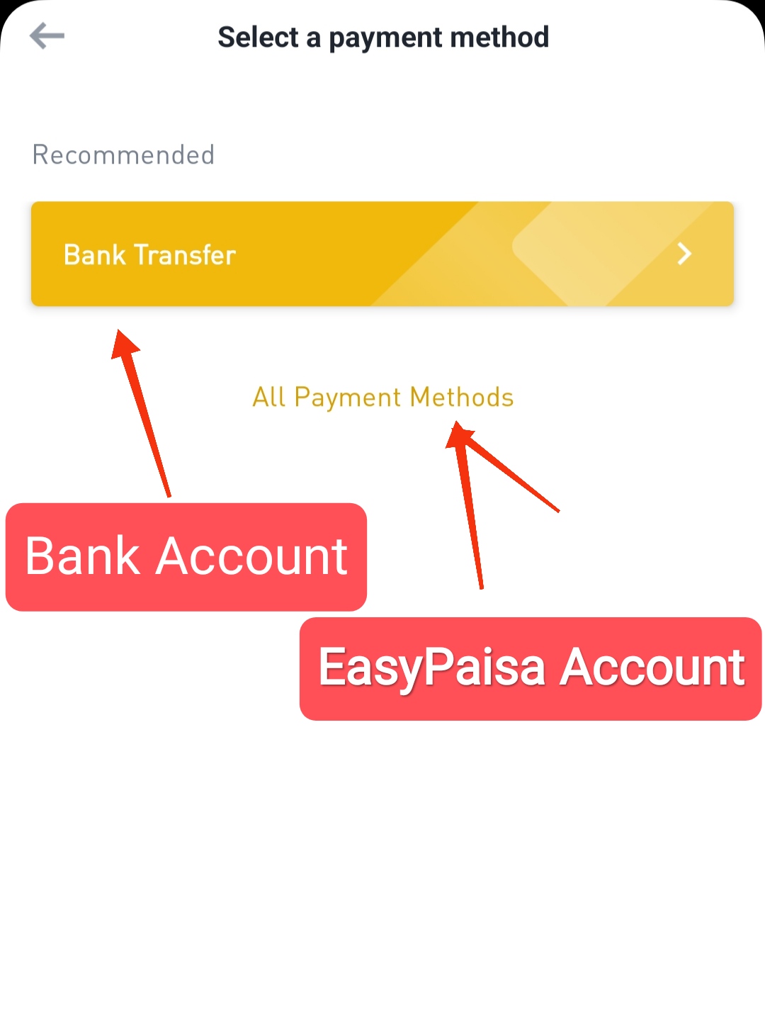 After that in the next window you will be shown two options. The first is "Bank Transfer" which Binance itself recommends. Then below that there will be another option “All Payment Method” Full details are in below photo.