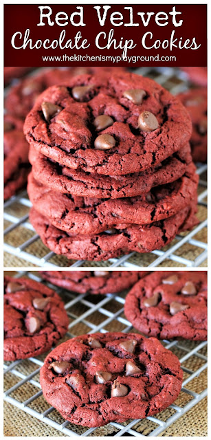 Red Velvet Chocolate Chip Cookies ~ Enjoy that tasty red velvet flavor in a fun cookie form! Mildly-chocolate flavored cookies loaded with milk chocolate chips ... and they're soooo good.  www.thekitchenismyplayground.com