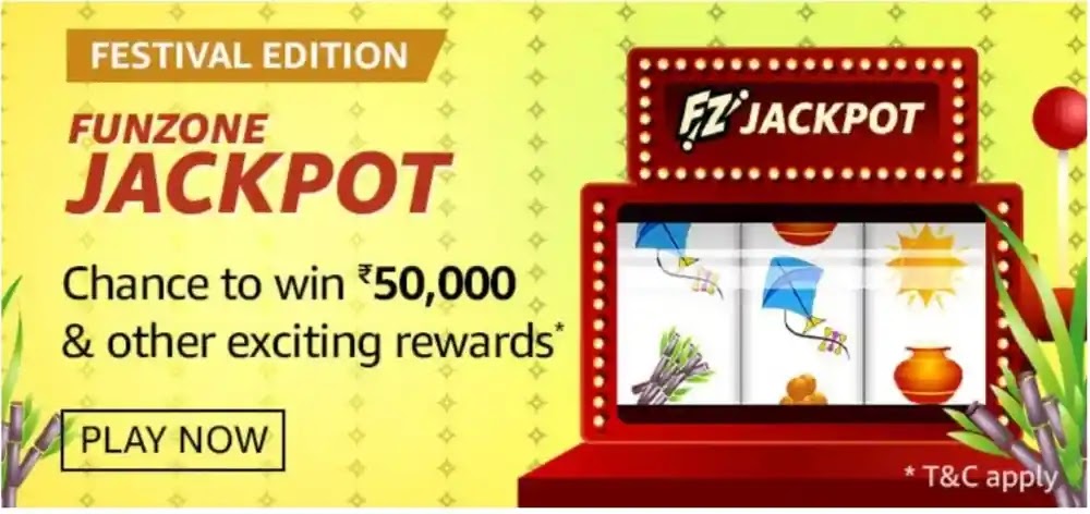 Amazon FESTIVAL EDITION FUNZONE JACKPOT chance to win Rs.50,000 and other exciting rewards.