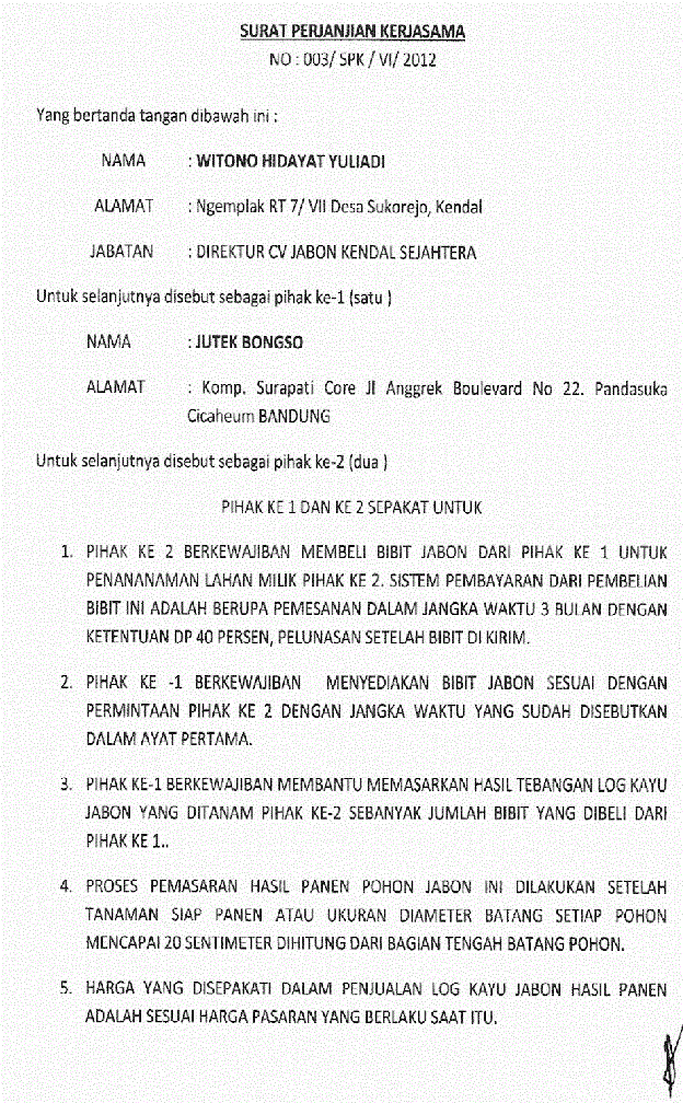 Surat Perjanjian Kerjasama Jual Beli Kayu  Koleksi 