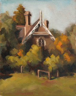 Oil painting of a Victorian-era Gothic-style house surrounded by trees.