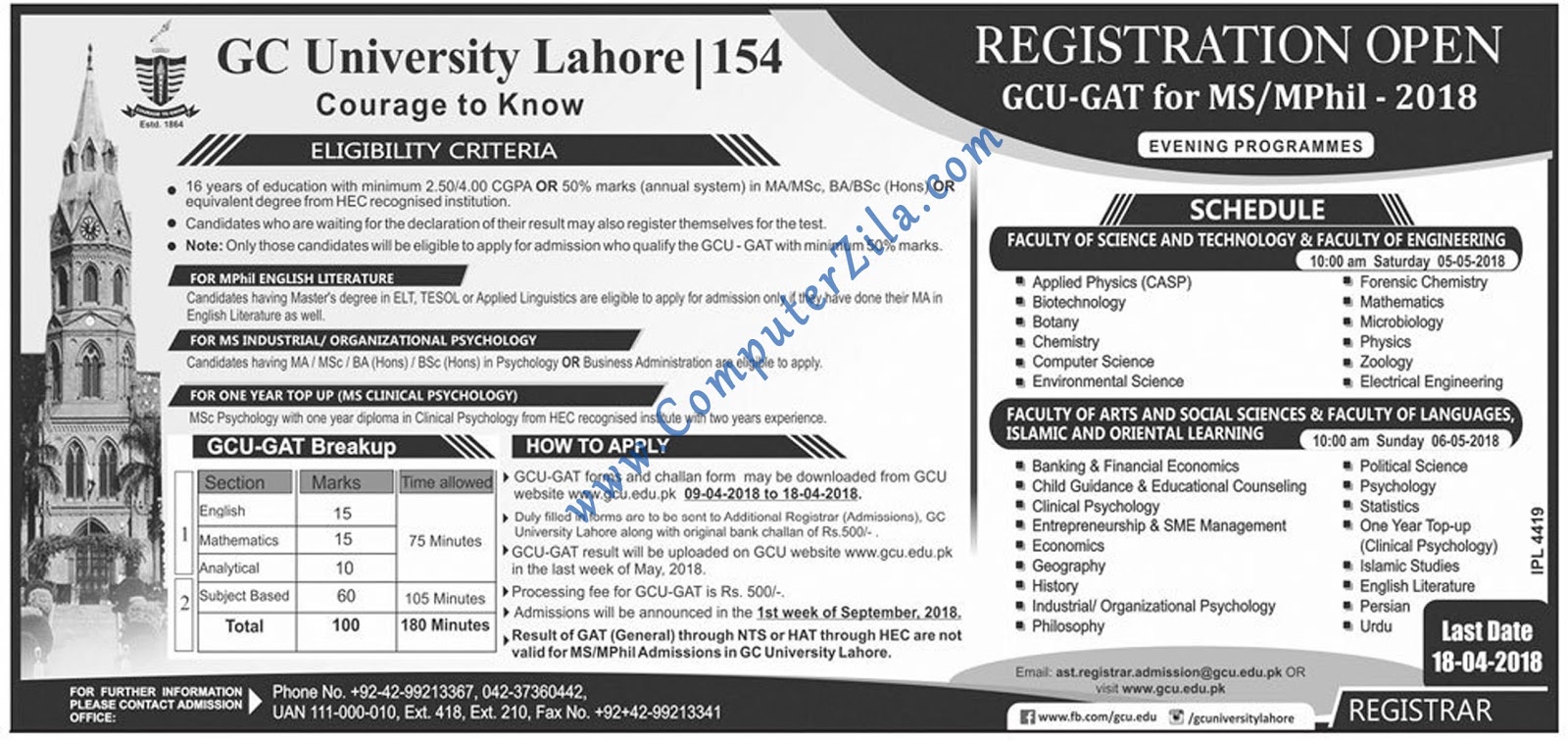 Government College University Admissions Spring 2018