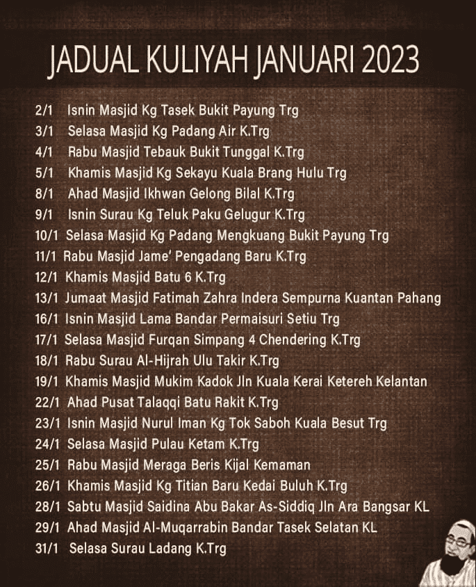 Jadual Kuliah Ustaz Azhar Idrus (UAI) Bulan Januari 2023 (Tarikh)
