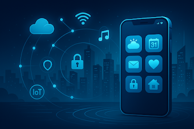 واجهة تطبيقات ذكية على هاتف محمول مع خلفية مدينة ذكية وأيقونات تقنيات حديثة وإنترنت الأشياء