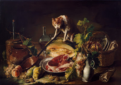 Bodegón con cacharros, fruta y un gato