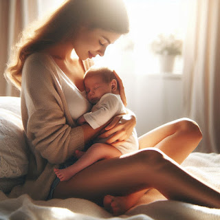 A mother and her baby sharing a calm, nurturing moment in a cozy, softly lit room, surrounded by warmth and comfort.