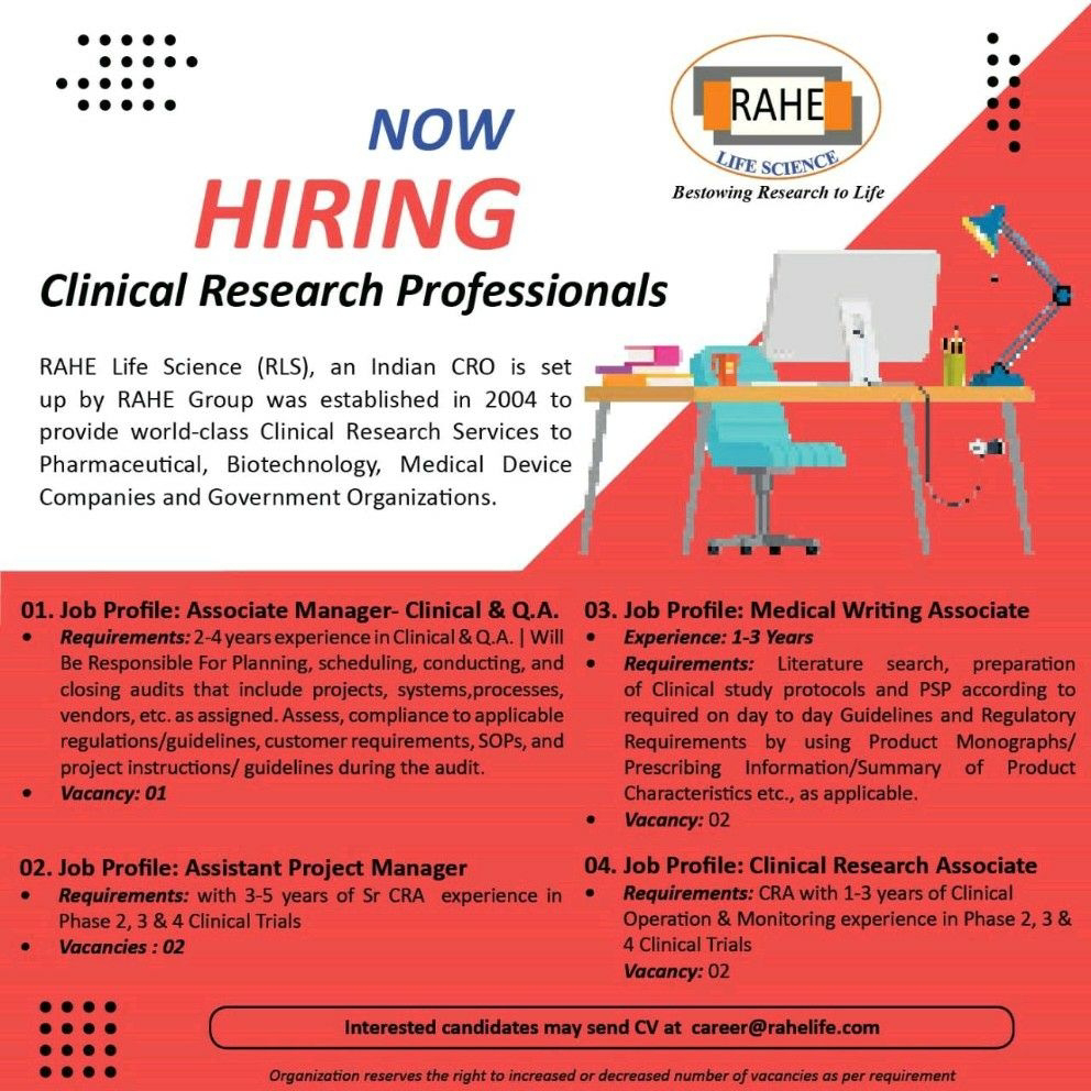 Job Availables,RAHE Life Science Job Vacancy For Clinical Research Professionals