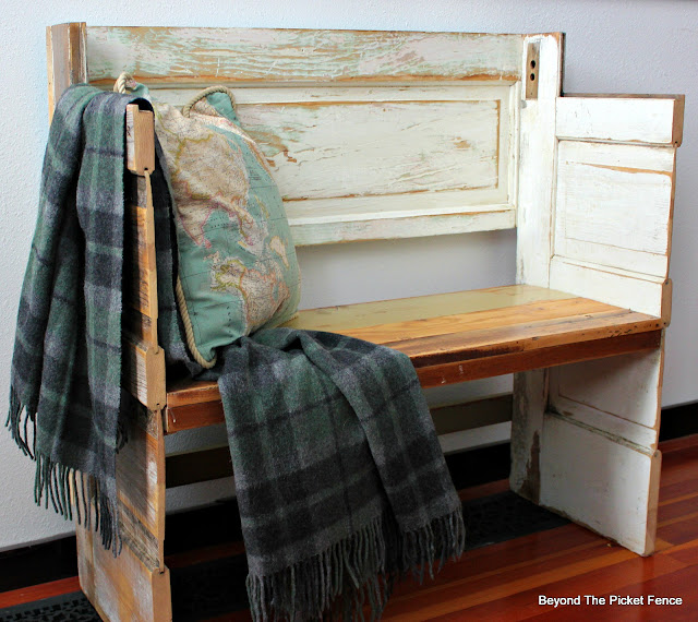 old door bench, build it, reclaimed wood, salvaged, chippy paint, minwax, plaid blanket, wool blanket, http://bec4-beyondthepicketfence.blogspot.com/2016/02/a-door-able-bench.html