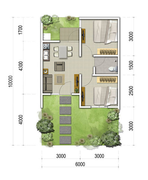  Denah  rumah  minimalis  ukuran  6x10  meter 2 kamar  tidur  1 