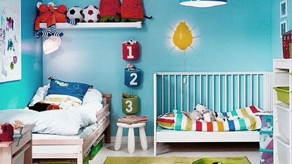 Shared Boys Room for Toddler and Baby with Blue Wall
