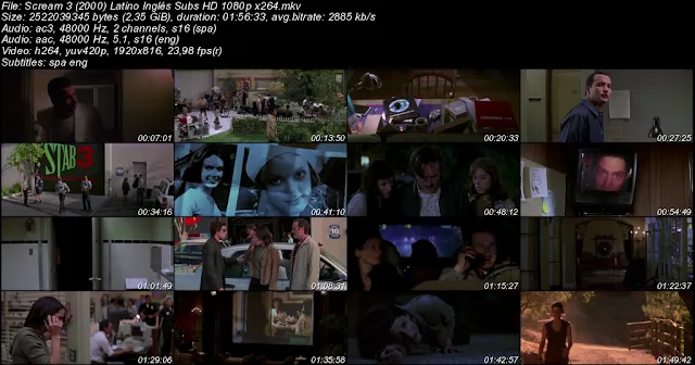 Cine Cuchillazo Scream 3 2000 Wes Craven Castellano Latino Inglés Subs Subtítulos Subtitulada Español VOSE Película