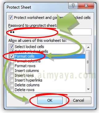  Gambar: Cara mengisi password dan mengatifkan proteksi format cells untuk menyembunyikan rumus/formulai Microsoft Excel