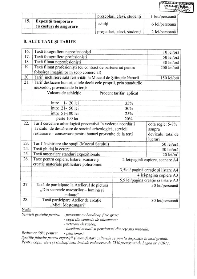 Taxe și tarife percepute pentru activități desfășurate de Muzeul Bucovinei în anul 2015